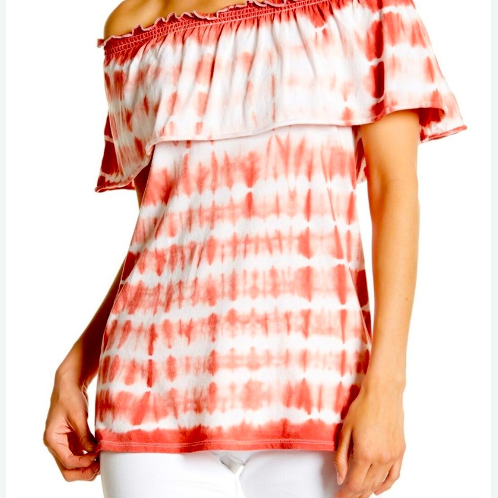 Chaser Coral and White Tie-Dye Off-Shoulder Top
